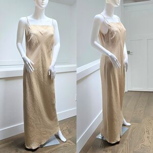 My Time Italy Linen Blend Square Neck Spaghetti Strap Maxi Slip Dress in Beige